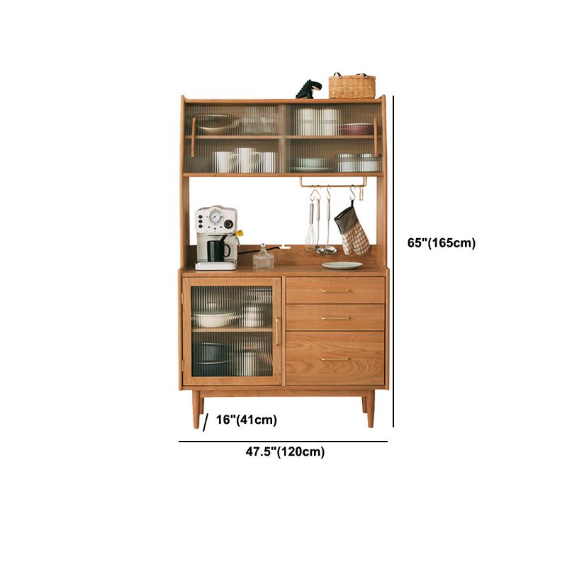 3-drawer Dining Server Pine Solid Wood Buffet Server with Glass Doors