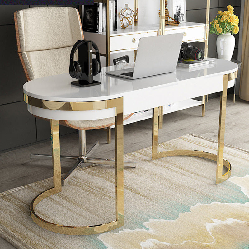 Glam Marble Office Desk with Gold Metal Base for Home Writing Desk