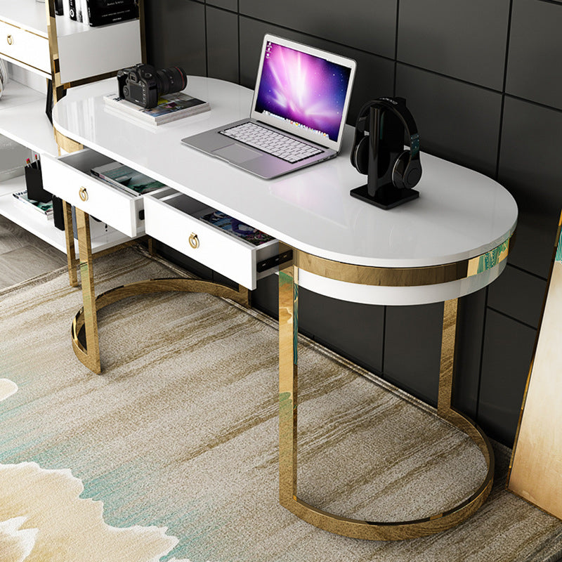 Glam Marble Office Desk with Gold Metal Base for Home Writing Desk