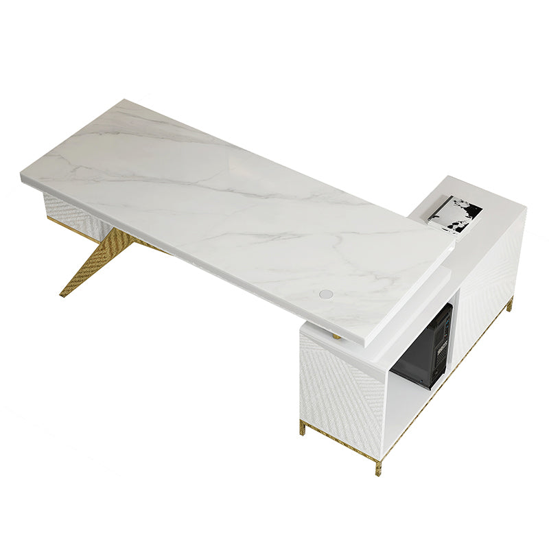 Marble L-Shape Office Desk Glam Solid Wood Writing Desk for Home