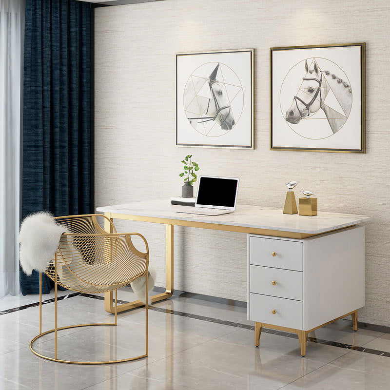 Rectangular Marble Office Desk Glam Solid Wood Writing Desk for Home