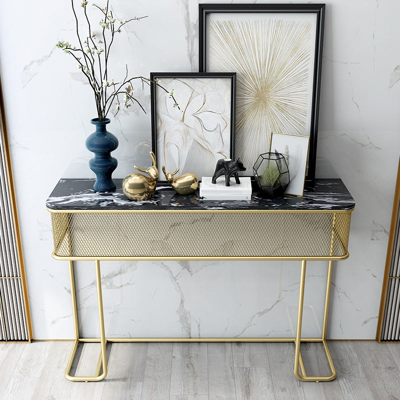 Glam Half Moon Console Accent Table Antique Finish Console Sofa Table in Marble