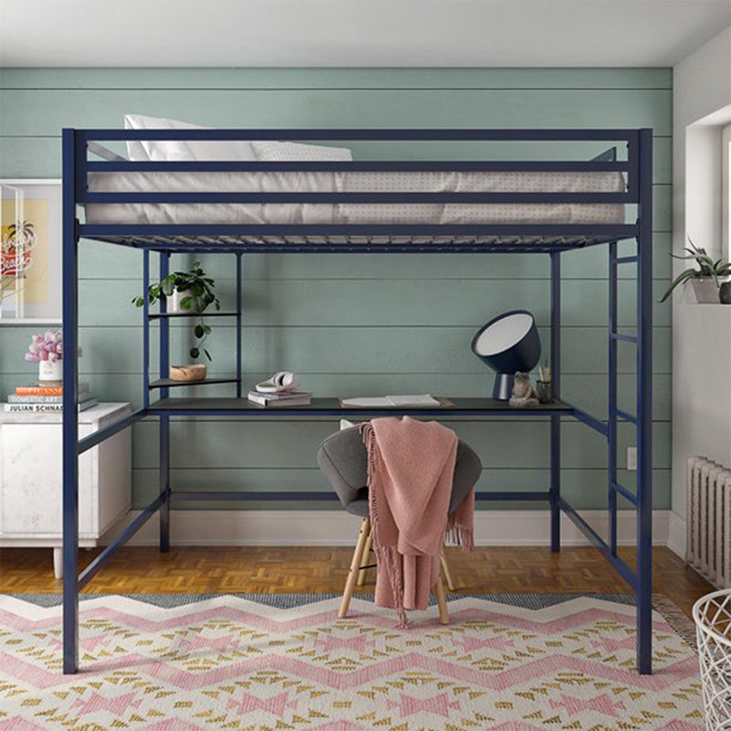 Modern High Loft Bed with Metal Guardrail and Built-In Ladder and Shelves