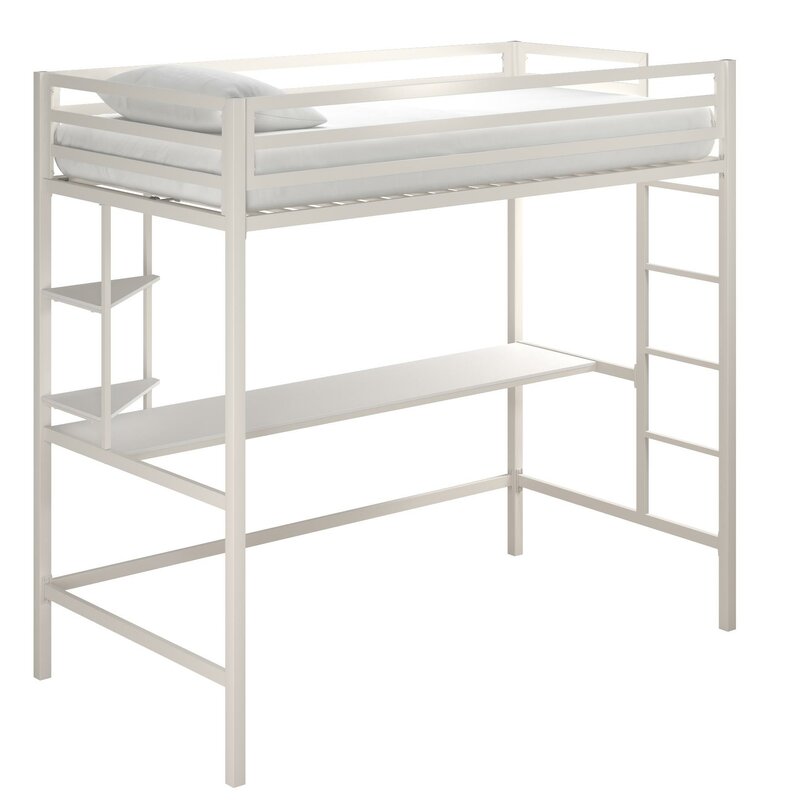 Modern High Loft Bed with Metal Guardrail and Built-In Ladder and Shelves