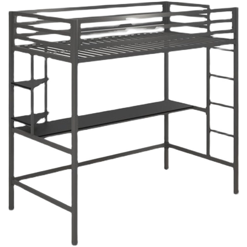 Modern High Loft Bed with Metal Guardrail and Built-In Ladder and Shelves