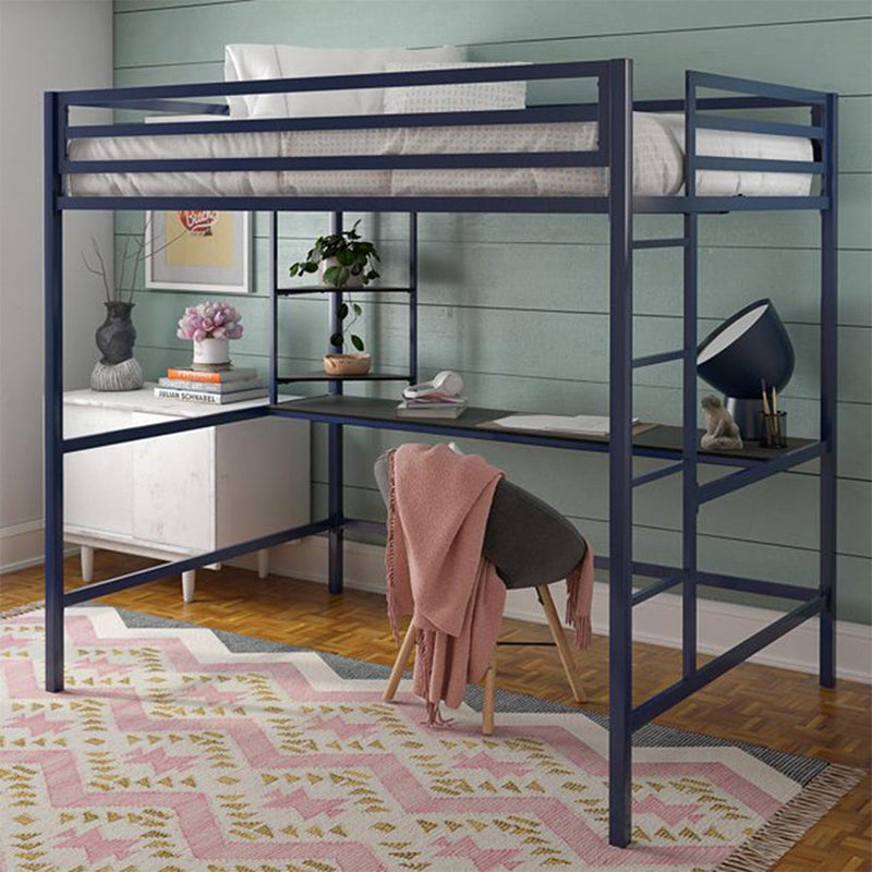 Modern High Loft Bed with Metal Guardrail and Built-In Ladder and Shelves