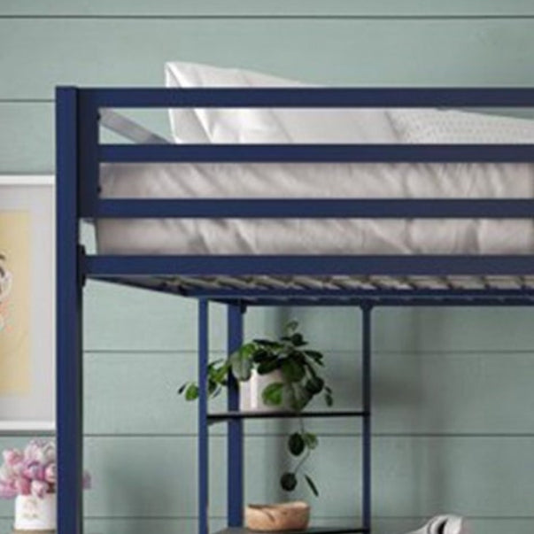 Modern High Loft Bed with Metal Guardrail and Built-In Ladder and Shelves