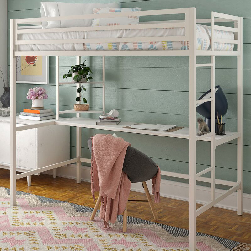 Modern High Loft Bed with Metal Guardrail and Built-In Ladder and Shelves