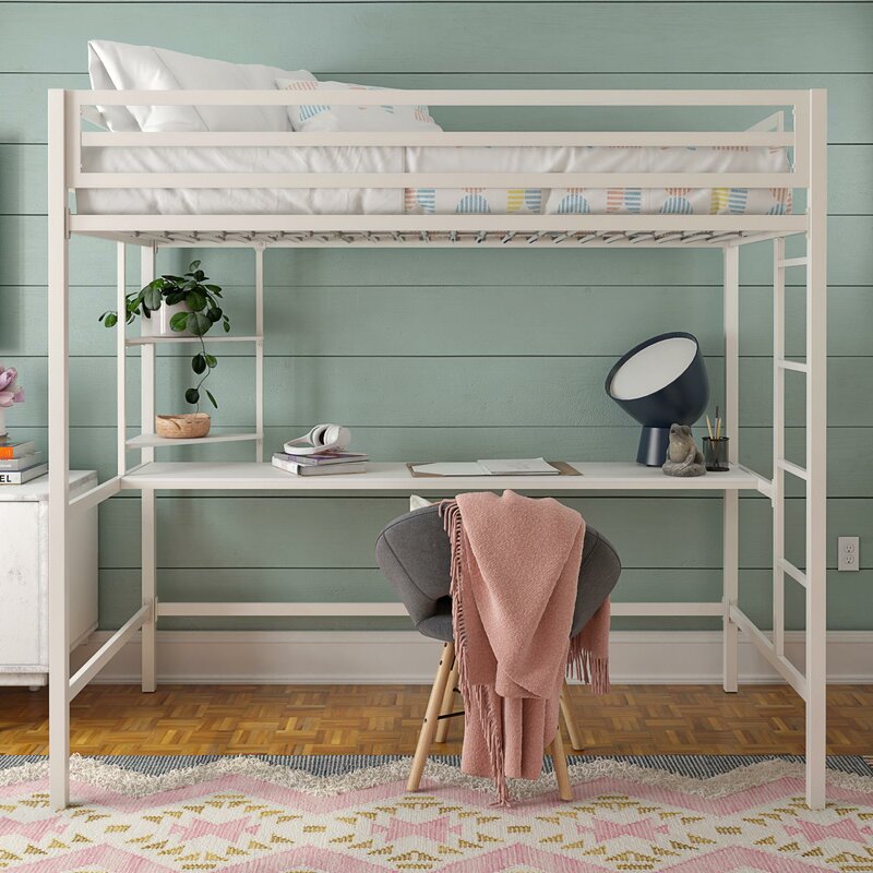 Modern High Loft Bed with Metal Guardrail and Built-In Ladder and Shelves