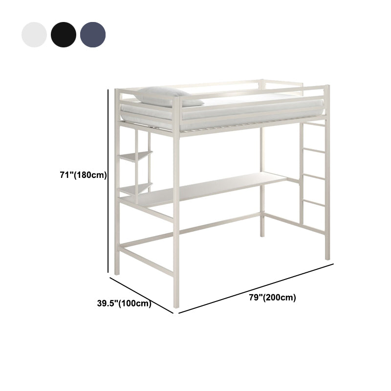 Modern High Loft Bed with Metal Guardrail and Built-In Ladder and Shelves