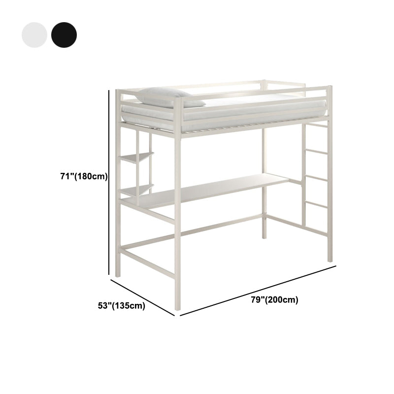 Modern High Loft Bed with Metal Guardrail and Built-In Ladder and Shelves