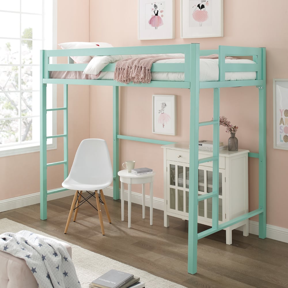 Contemporary High Loft Bed with Built-In Ladder and Guardrail in Green