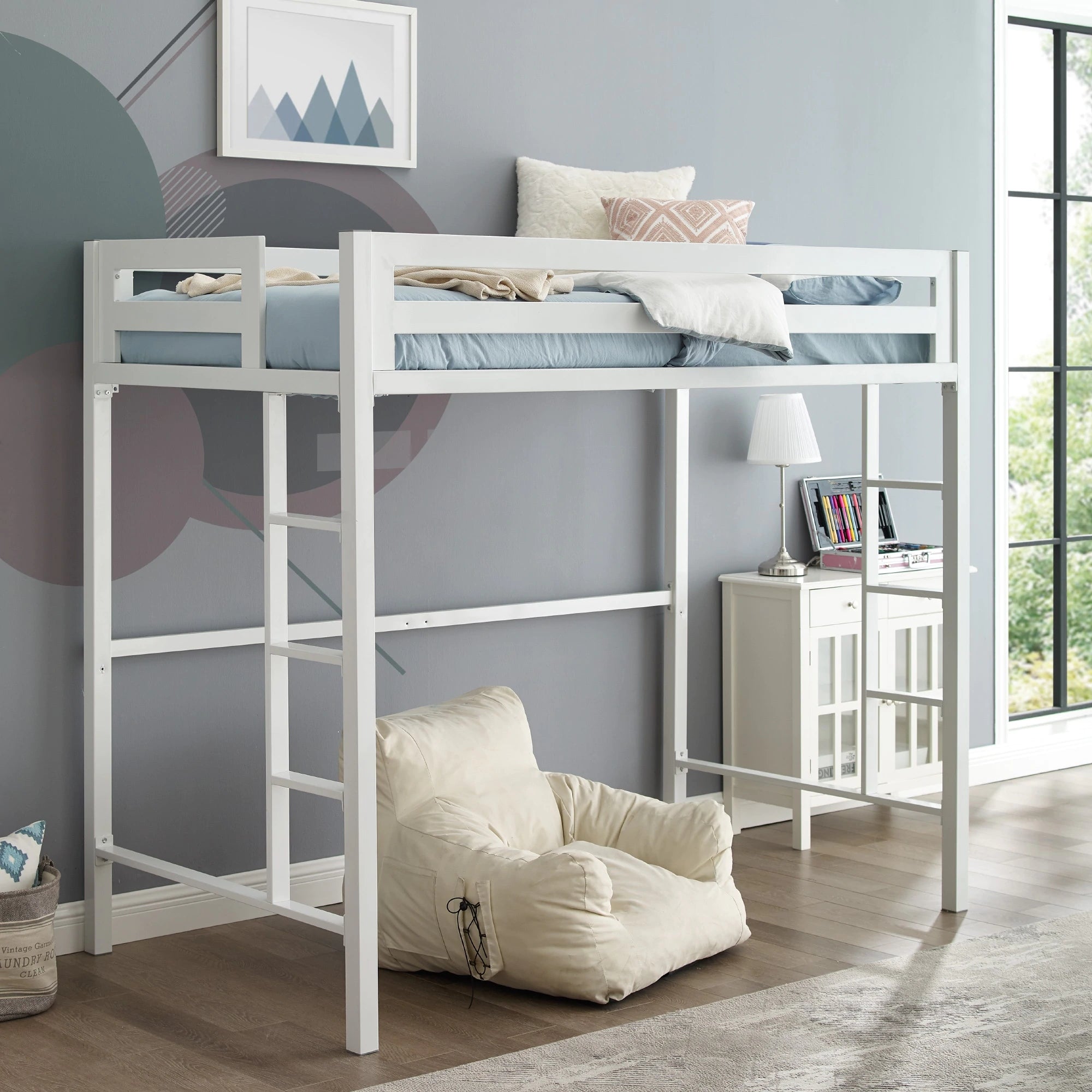 Contemporary High Loft Bed with Built-In Ladder and Guardrail in Green