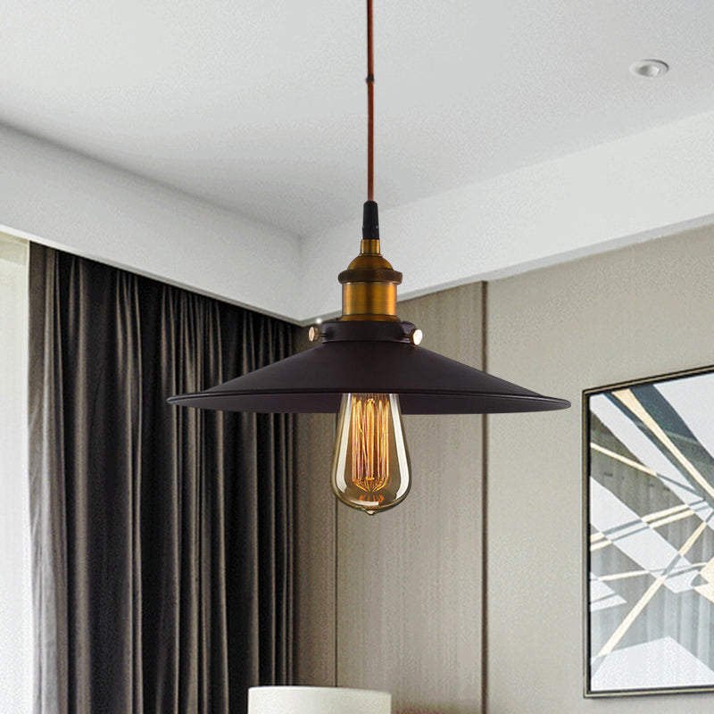 Wide Flare Metal Pendant Light Antiqued 1 Light Living Room Pulley Hanging Ceiling Lamp in Black