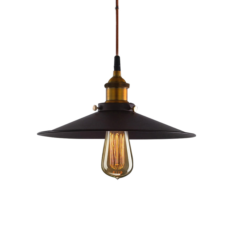 Wide Flare Metal Pendant Light Antiqued 1 Light Living Room Pulley Hanging Ceiling Lamp in Black