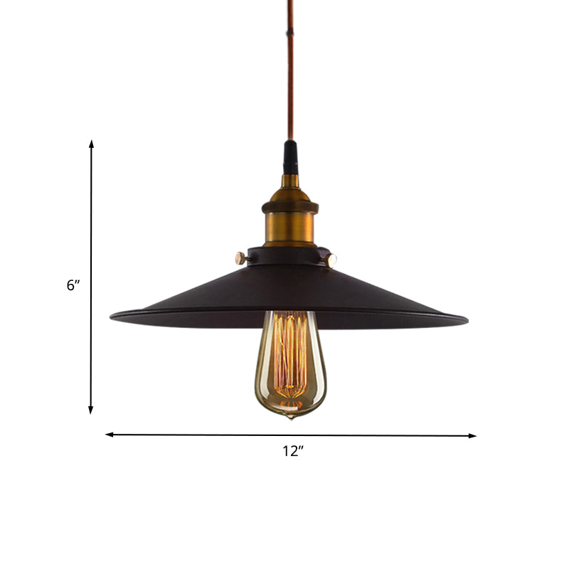 Wide Flare Metal Pendant Light Antiqued 1 Light Living Room Pulley Hanging Ceiling Lamp in Black