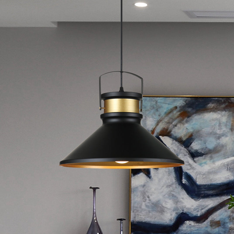 Aluminium Black Finish Pendant Lighting Large Fared 1-Light Industrial Drop Lamp For Dining Room