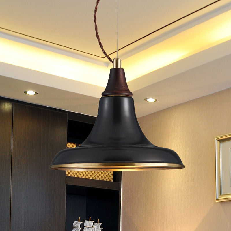 1 Head Metallic Suspension Light Farmhouse Black Finish Flare Restaurant Pendant Lamp