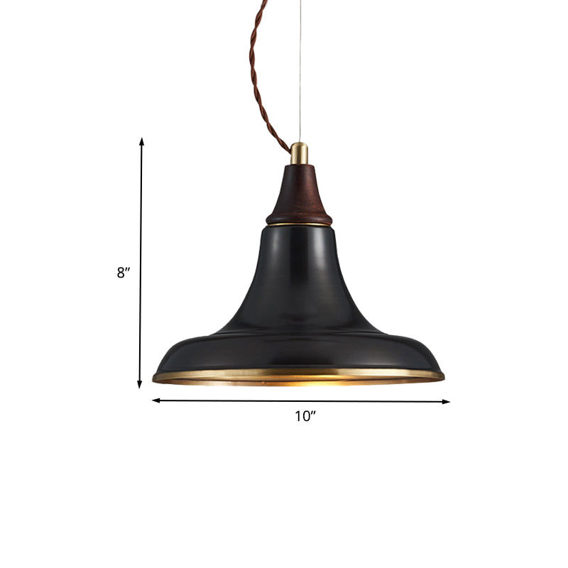 1 Head Metallic Suspension Light Farmhouse Black Finish Flare Restaurant Pendant Lamp