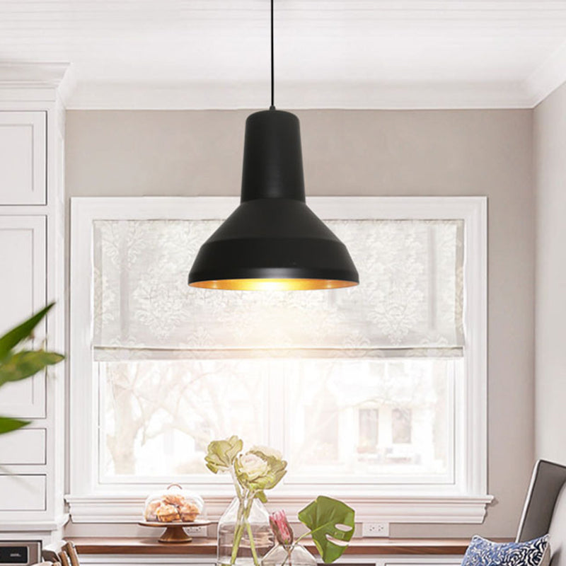 Black Finish 1-Bulb Down Lighting Industrial Metal Funnel Shade Ceiling Hang Fixture over Dining Table