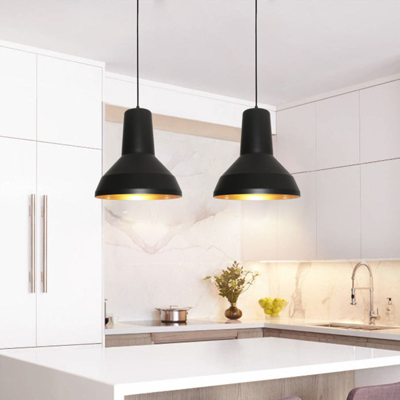 Black Finish 1-Bulb Down Lighting Industrial Metal Funnel Shade Ceiling Hang Fixture over Dining Table