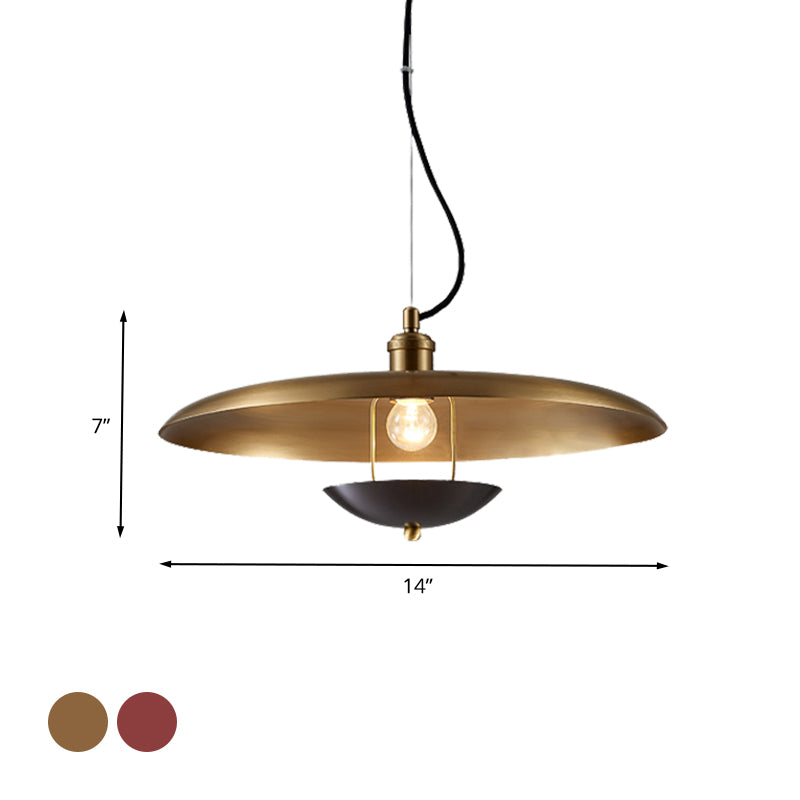 Antiqued Flat Hanging Light Kit 1-Bulb Metal Ceiling Lamp in Red/Gold with Adjustable Cord