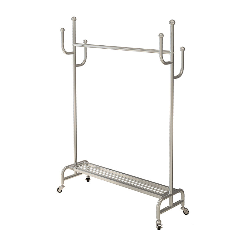 Classic Metal Clothes Hanger Castors Detail Free Standing Coat Rack with Storage Shelving