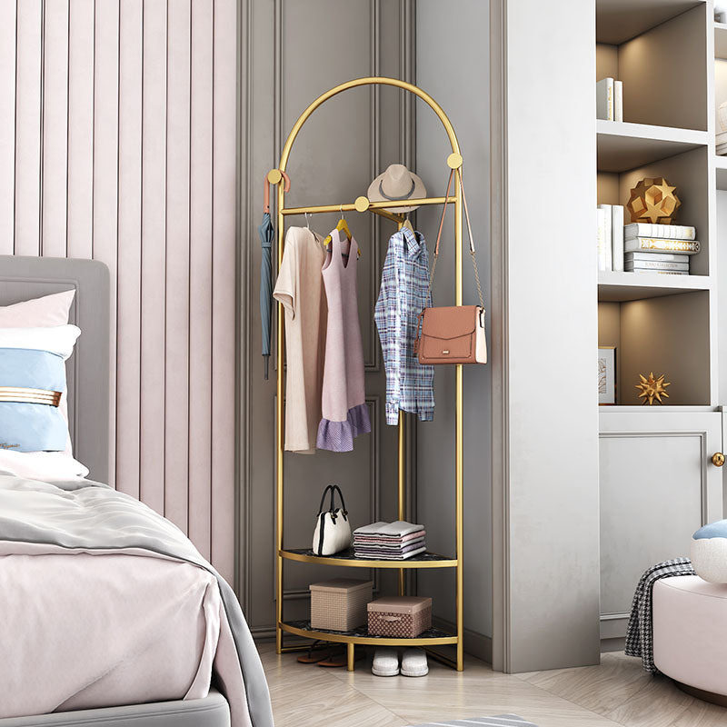 Glam Metallic Coat Rack Free Standing Double Shelves Coat Hanger for Living Room