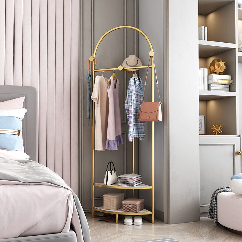 Glam Metallic Coat Rack Free Standing Double Shelves Coat Hanger for Living Room