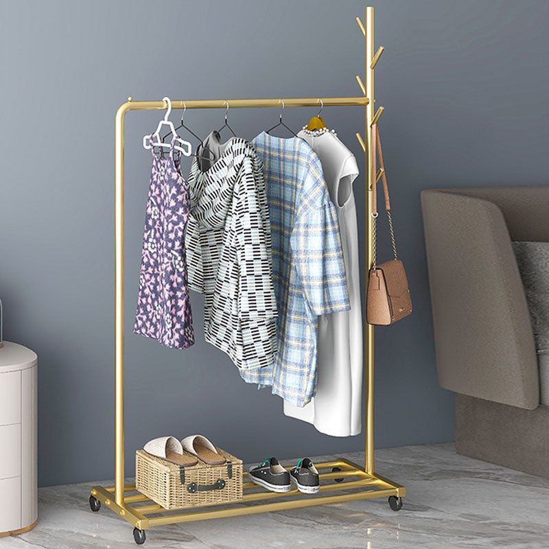 Contemporary Metal Coat Rack Hanging Rail Lower Shelf and Hooks Hall Tree