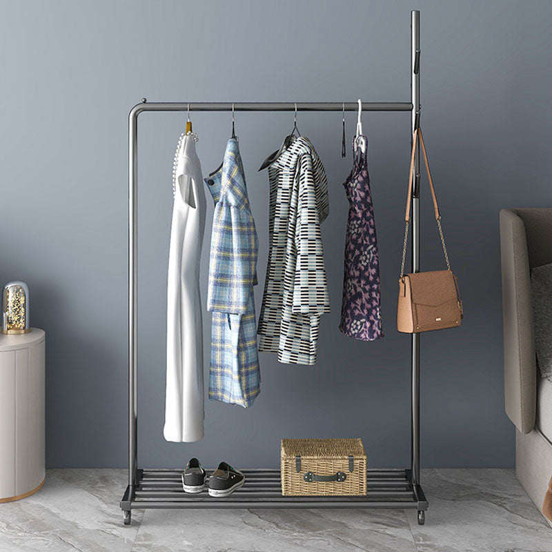 Contemporary Metal Coat Rack Hanging Rail Lower Shelf and Hooks Hall Tree