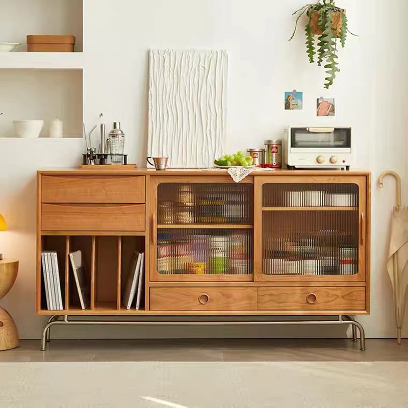 Solid Wood Sideboard Table Natural Adjustable Shelves Credenza with Glass Door