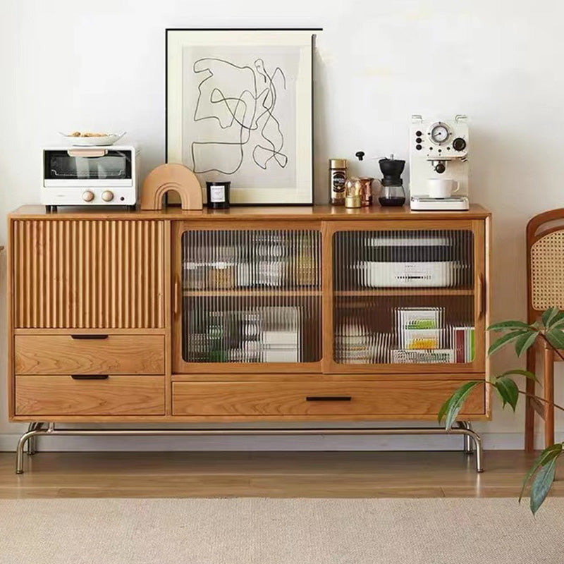 Solid Wood Sideboard Table Natural Adjustable Shelves Credenza with Glass Door