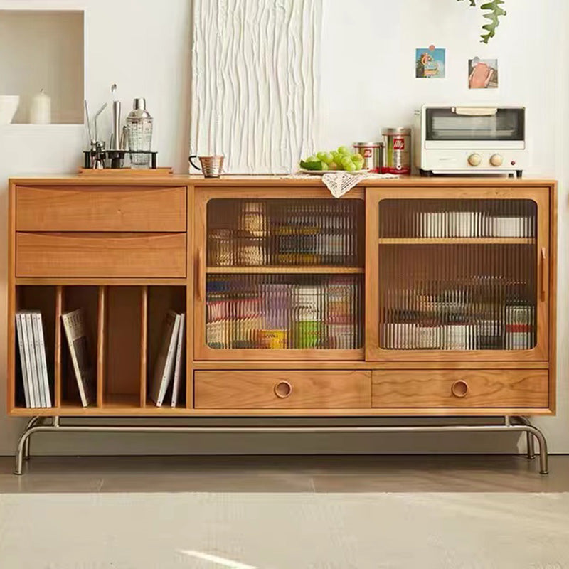 Solid Wood Sideboard Table Natural Adjustable Shelves Credenza with Glass Door