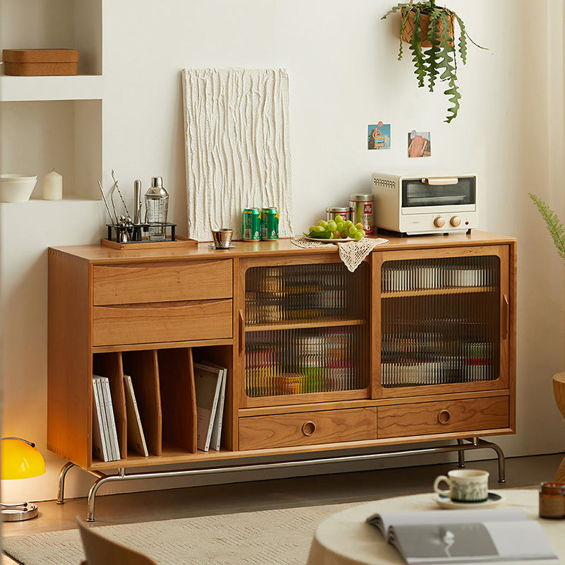 Solid Wood Sideboard Table Natural Adjustable Shelves Credenza with Glass Door