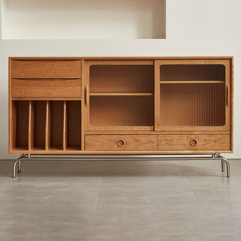 Solid Wood Sideboard Table Natural Adjustable Shelves Credenza with Glass Door