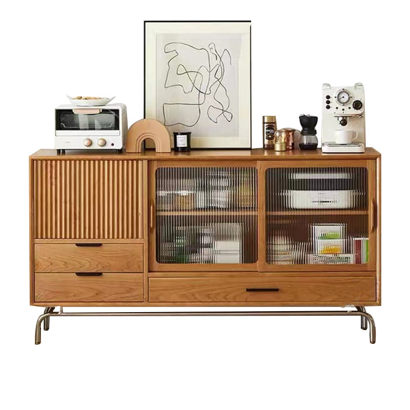 Solid Wood Sideboard Table Natural Adjustable Shelves Credenza with Glass Door