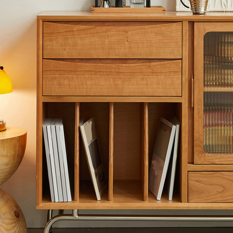 Solid Wood Sideboard Table Natural Adjustable Shelves Credenza with Glass Door