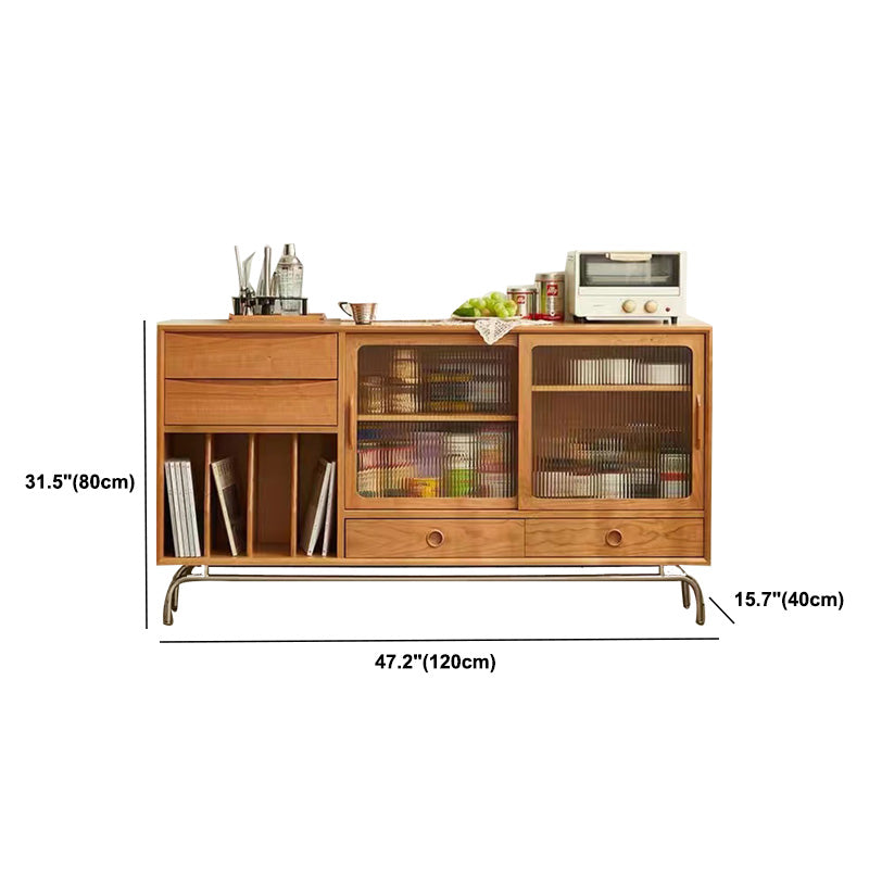 Solid Wood Sideboard Table Natural Adjustable Shelves Credenza with Glass Door