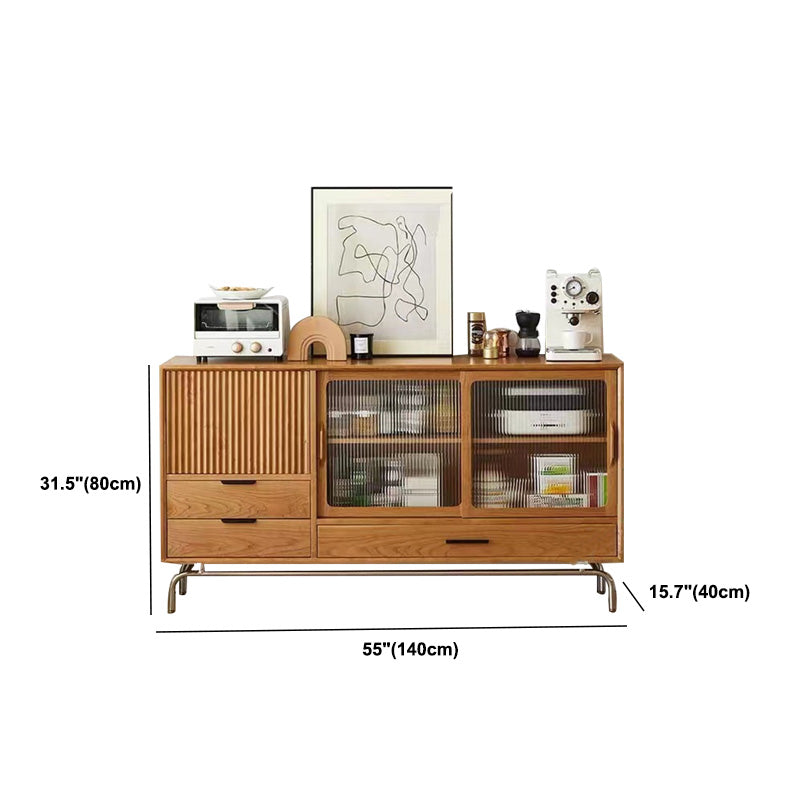 Solid Wood Sideboard Table Natural Adjustable Shelves Credenza with Glass Door