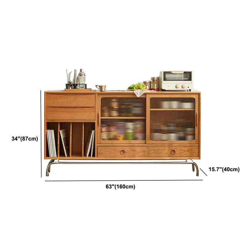 Solid Wood Sideboard Table Natural Adjustable Shelves Credenza with Glass Door