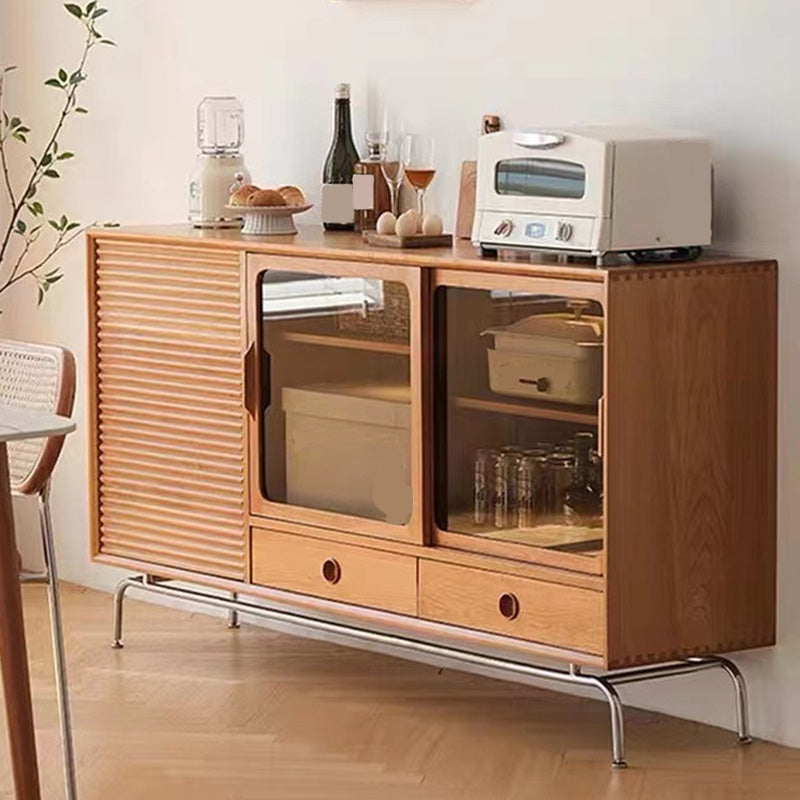 Modern Wooden Sideboard Table 2-drawer Natural Credenza with Glass Door