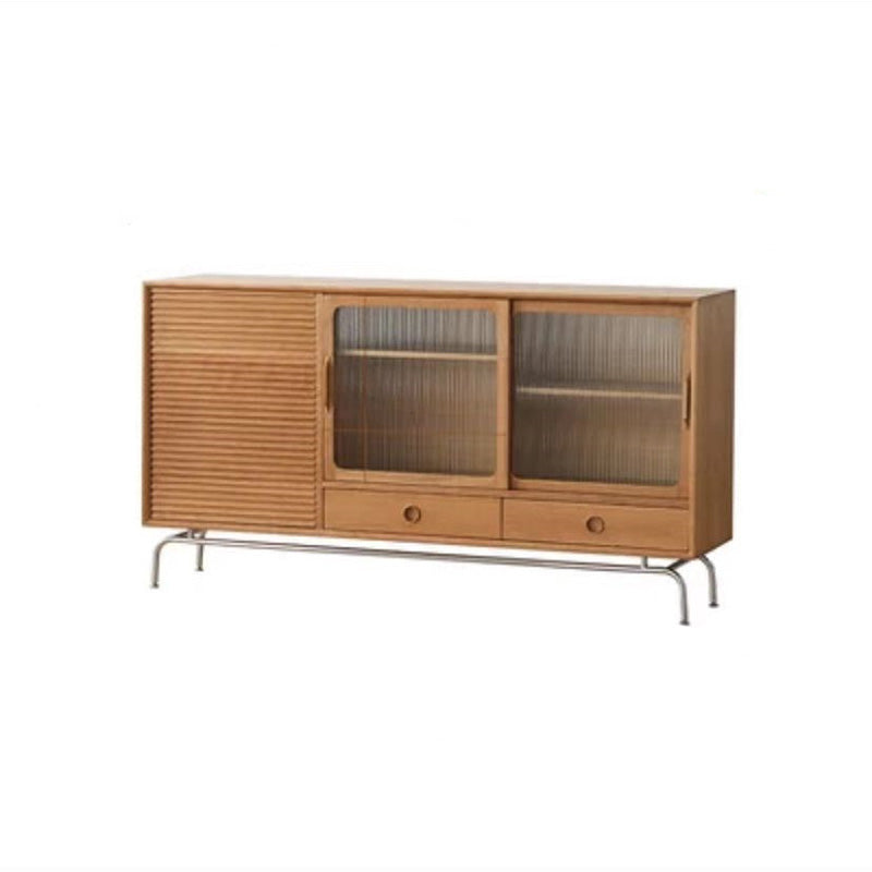 Modern Wooden Sideboard Table 2-drawer Natural Credenza with Glass Door