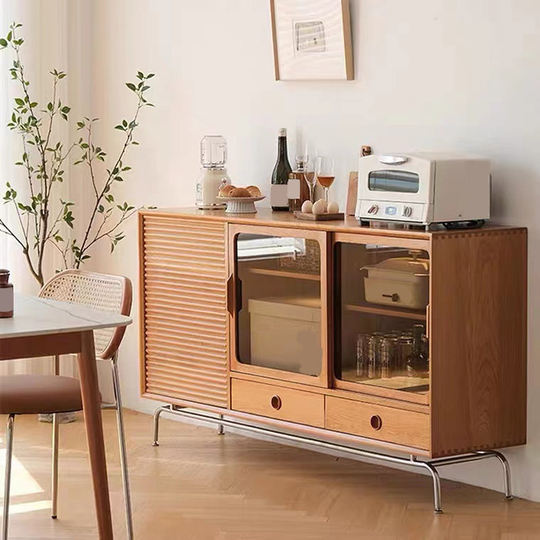 Modern Wooden Sideboard Table 2-drawer Natural Credenza with Glass Door