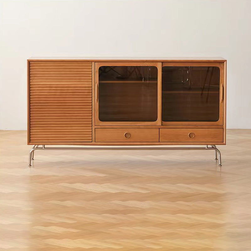 Modern Wooden Sideboard Table 2-drawer Natural Credenza with Glass Door