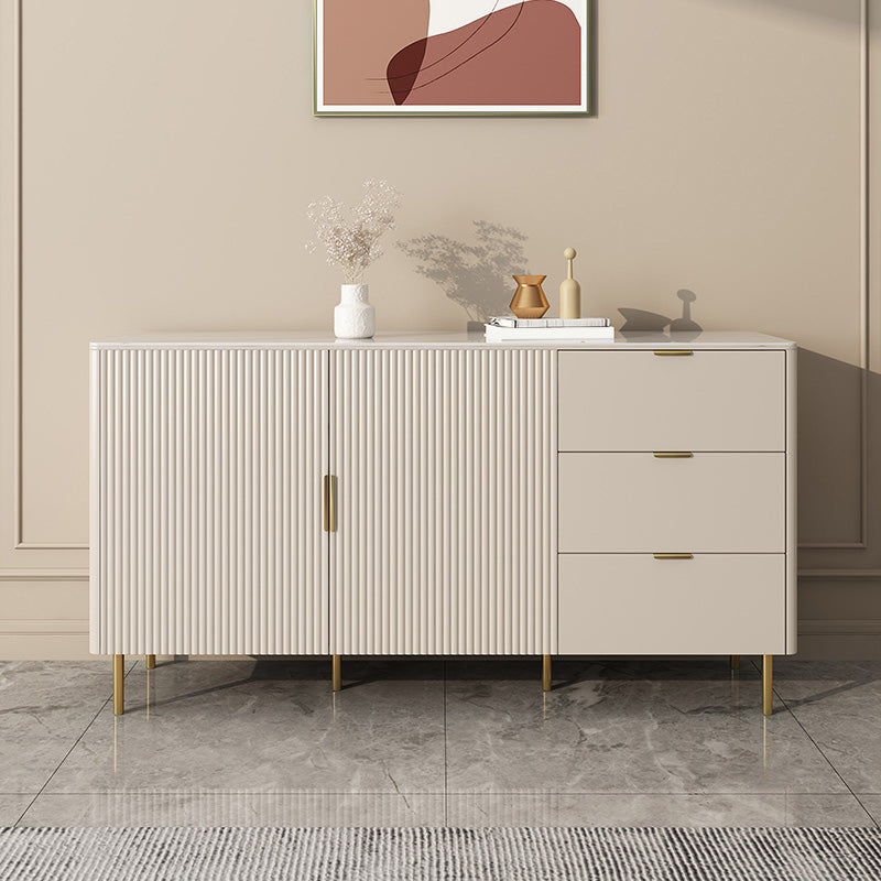 3 Drawer Sideboard White Sintered Stone 2-Door Credenza for Living Room