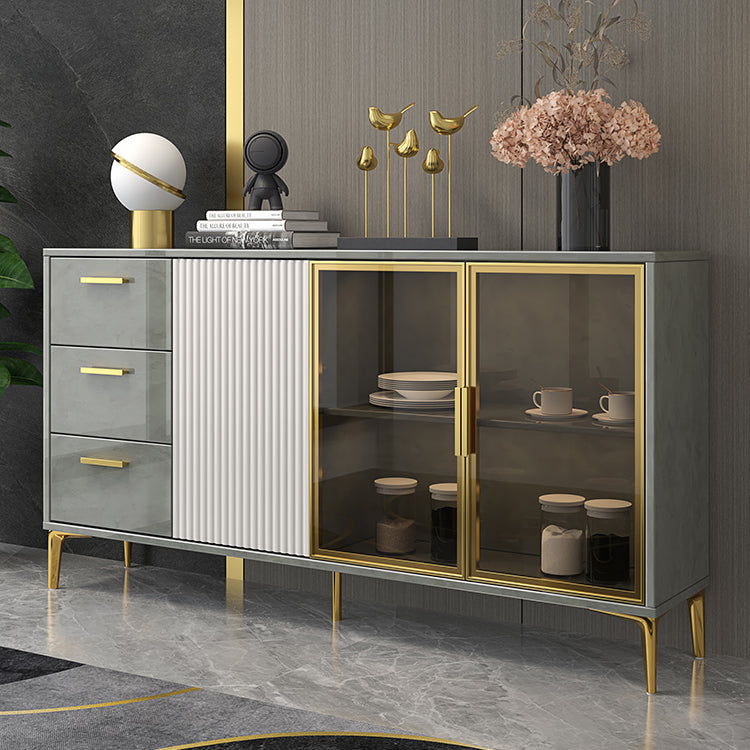 Contemporary Gray Sideboard Wood Buffet Server with Glass Doors