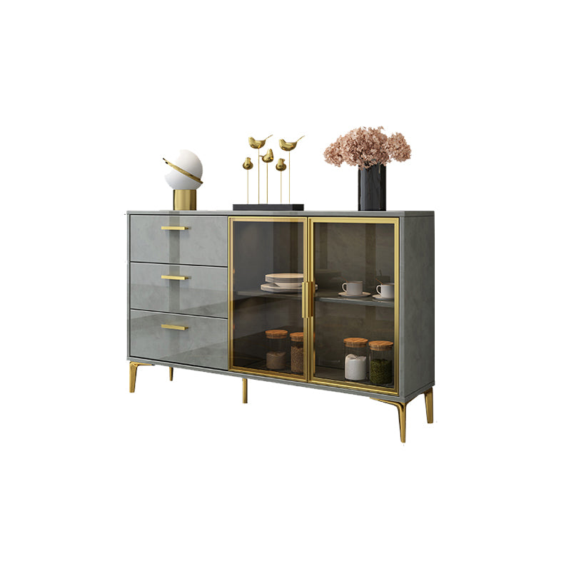 Contemporary Gray Sideboard Wood Buffet Server with Glass Doors