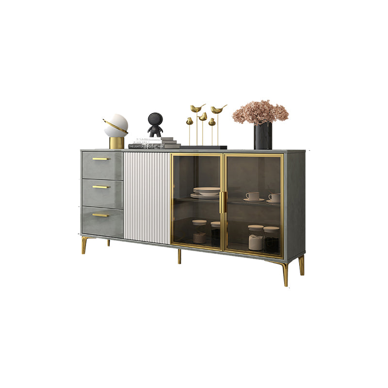 Contemporary Gray Sideboard Wood Buffet Server with Glass Doors