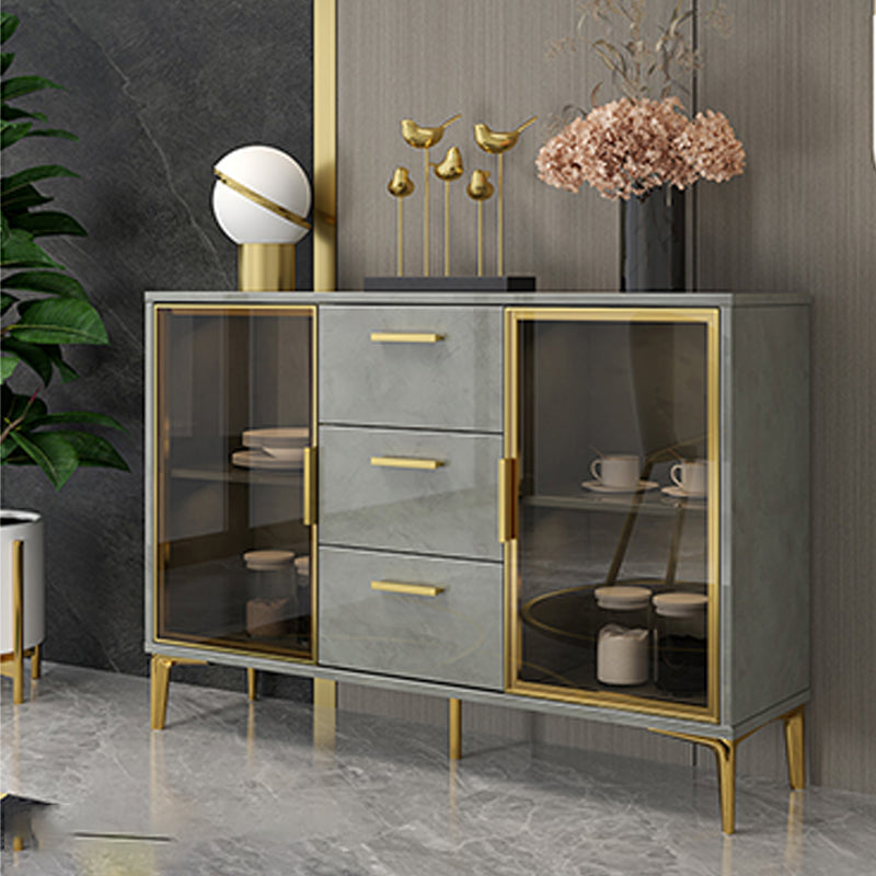 Contemporary Gray Sideboard Wood Buffet Server with Glass Doors